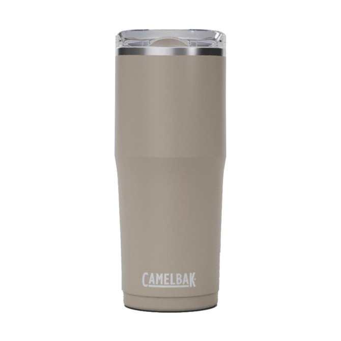 A drink bottle in a light brown shade with a clear lid and a logo.