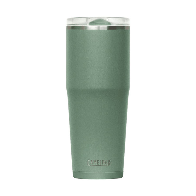 A drink bottle in a muted green colour with a stainless steel finish and a transparent lid, featuring a logo.