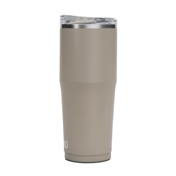 A drink bottle in a matte beige colour with a metal lid and a clear plastic top. It features a logo.