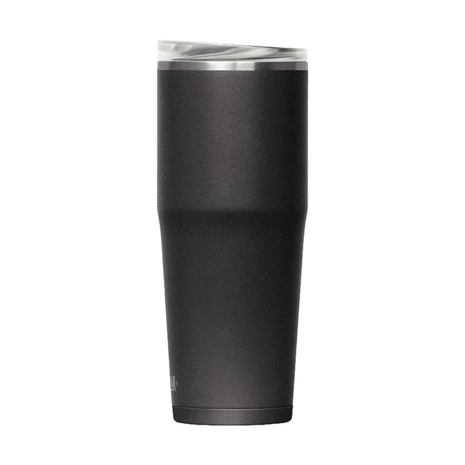 A drink bottle in matte black with a clear lid, featuring a sleek, tapered design and a branding logo.