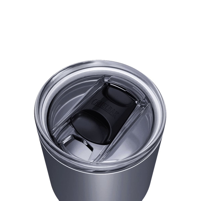 A drink bottle with a silver finish and a clear lid featuring a black sliding closure.