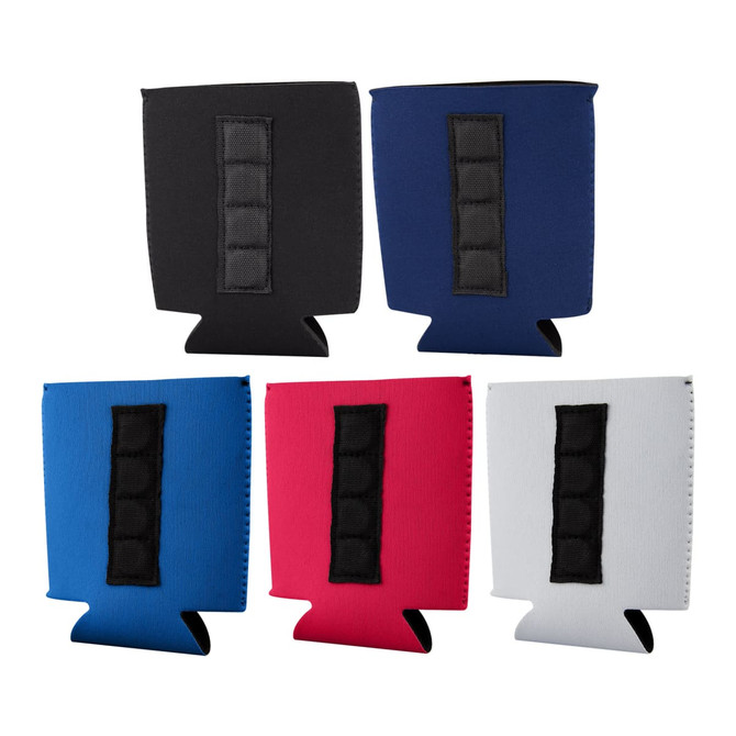 Magnetic stubby holders in black, navy, royal blue, red, and white, each featuring a black panel.