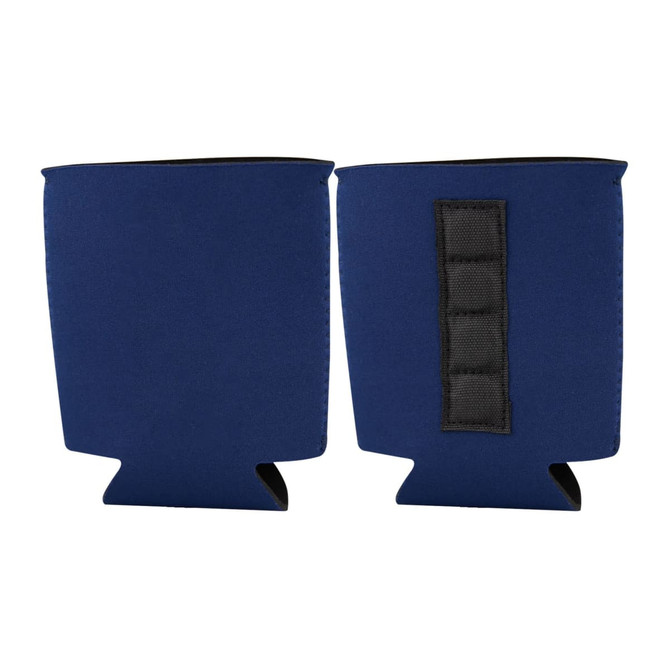 A blue magnetic stubby holder with a textured patch and a classic design, suitable for standard drink bottles.