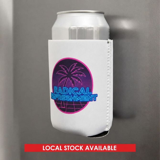 A white magnetic stubby holder featuring a palm tree and vibrant text, designed to hold a drink can securely.