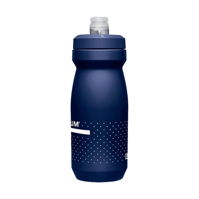 A drink bottle in navy blue with a textured design and a removable spout. It features a logo on the side.