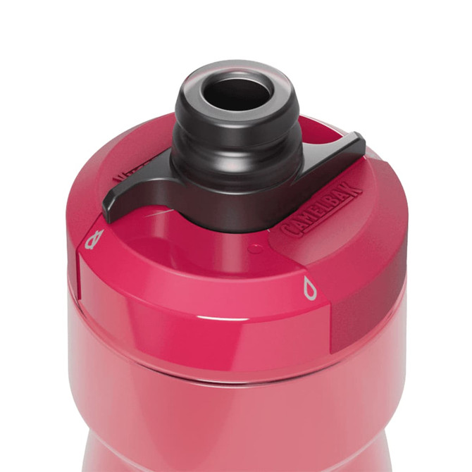 A drink bottle in vibrant pink with a black spout, featuring a logo on the side.