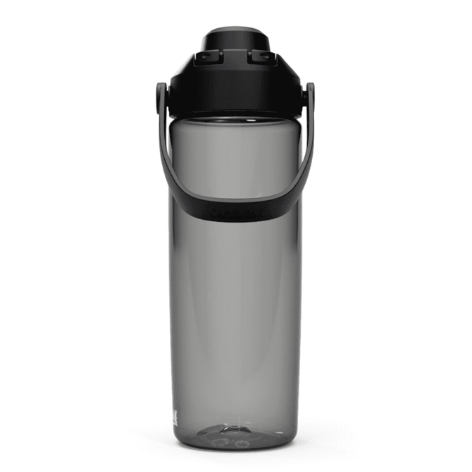 A drink bottle in translucent grey with a black lid and handle, featuring a logo on the side.