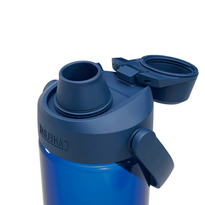A drink bottle in blue with a wide mouth opening and a cap, featuring a logo on the side.