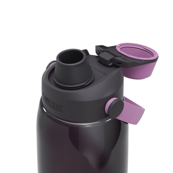 A drink bottle in black with purple accents, featuring a wide mouth opening and a removable cap, and a logo.