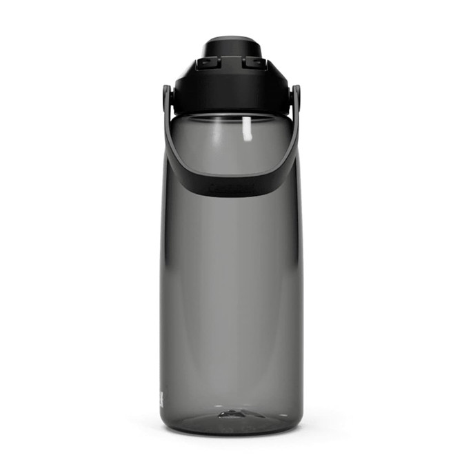 A drink bottle in transparent grey with a black lid and handle, featuring a logo on the side.