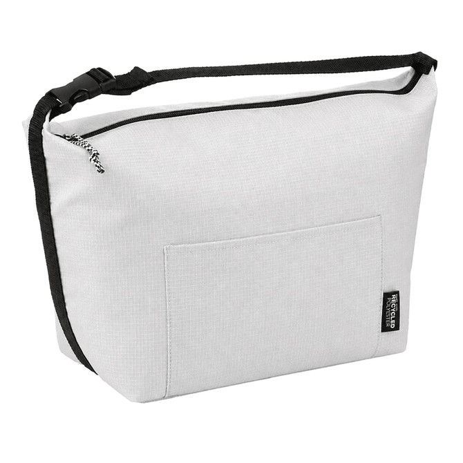 A grey cooler bag with a black trim and an external pocket, featuring a shoulder strap and a zip closure.