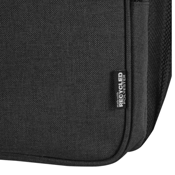 A dark grey cooler backpack with a textured finish and a label indicating recycled polyester material.