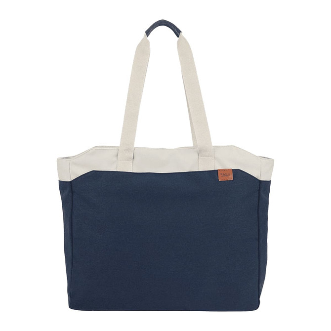A navy blue and cream tote bag with dual handles and a logo. Spacious design suitable for carrying items.
