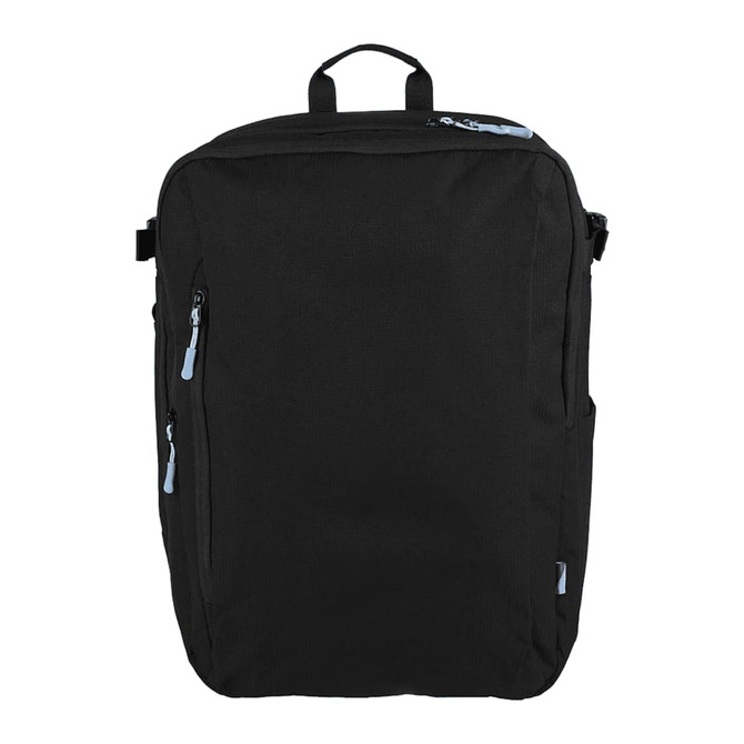A black travel backpack with multiple zippered pockets and a top handle. It features blue zipper accents and has a logo.