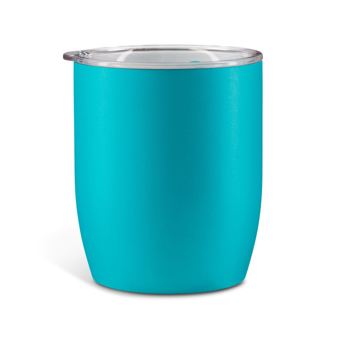 A drink bottle in vibrant turquoise with a clear lid and a smooth finish. It features a logo on the side.
