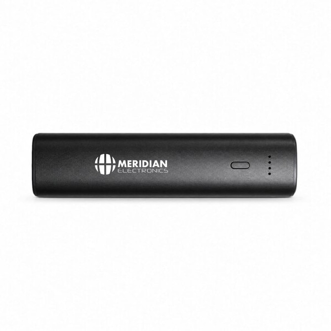 A black power bank with a logo and indicator lights, designed for charging devices.