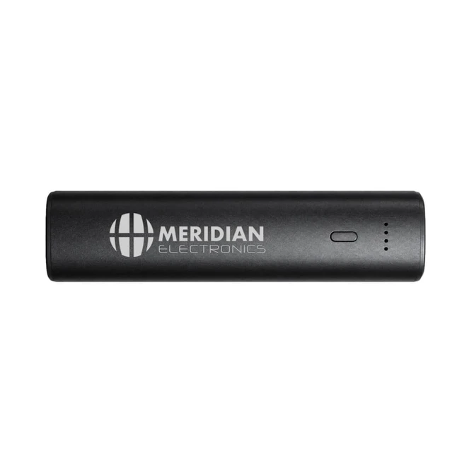 A black power bank with a logo and indicator lights, designed for charging devices on the go.