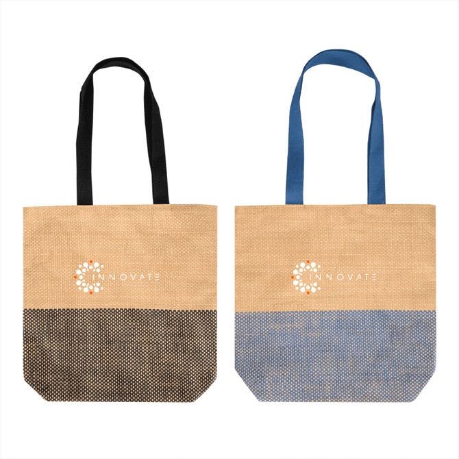 Two tote bags, one with black handles and a black patterned base, the other with blue handles and a blue patterned base. Both feature a logo.
