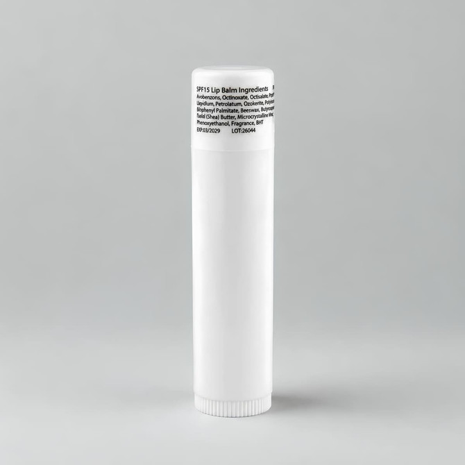 A white lip balm tube with a rounded cap, featuring ingredient information on the label.