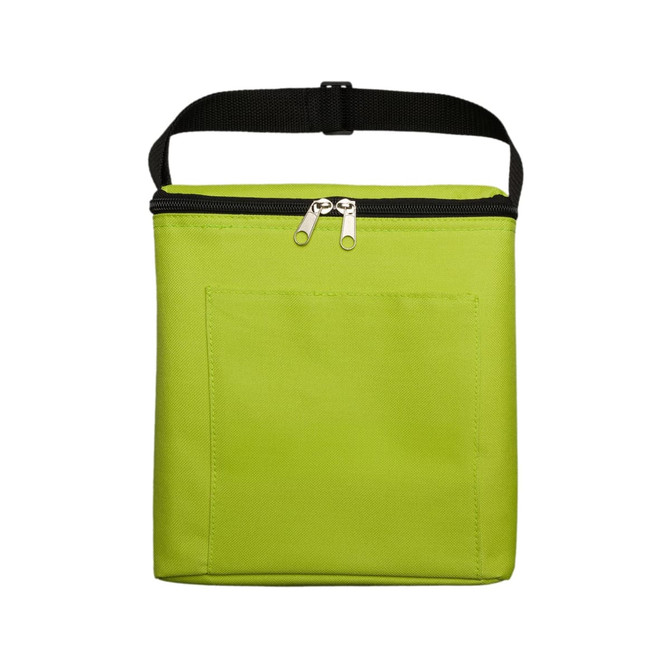A green insulated bag with a zip closure and a front pocket, featuring a handle on top.