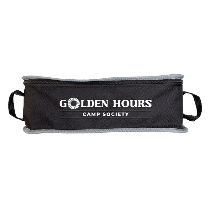 A black travel pouch with grey trim and handles, featuring a logo with the words "Golden Hours Camp Society."