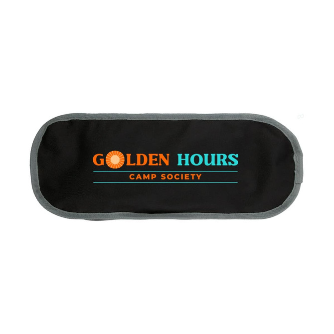 A black storage pack with a grey trim featuring a logo in orange and turquoise. Suitable for camping use.