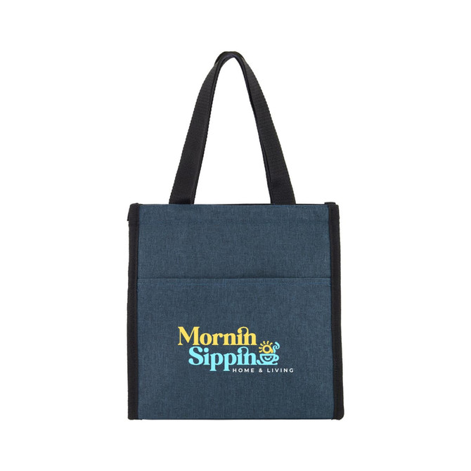 A promotional bag in navy with black handles and a logo in yellow and blue text.