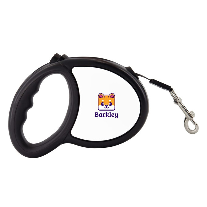 A black dog leash with a shaped handle and a clip, featuring a logo.