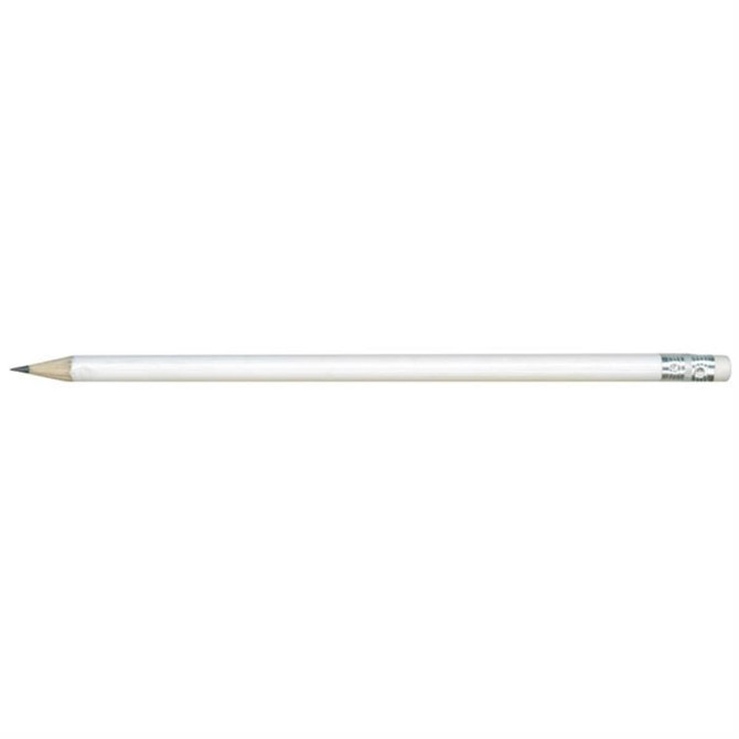 A HB pencil with a white body and sharpened grey lead.