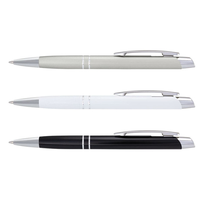 Three metallic pens in grey, white, and black, each with silver accents and a logo on the barrel.