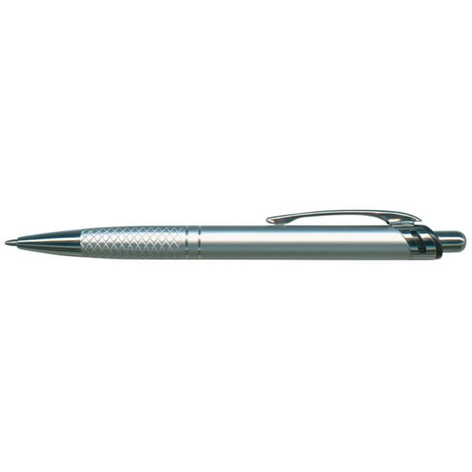 A metallic silver pen with a textured grip and a clip for easy attachment. It features a branded logo.