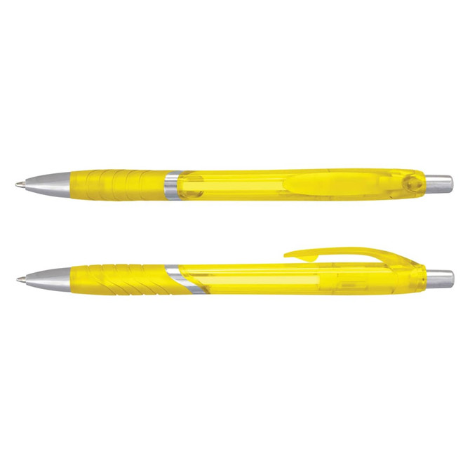 A set of yellow translucent plastic pens with silver accents and clips.
