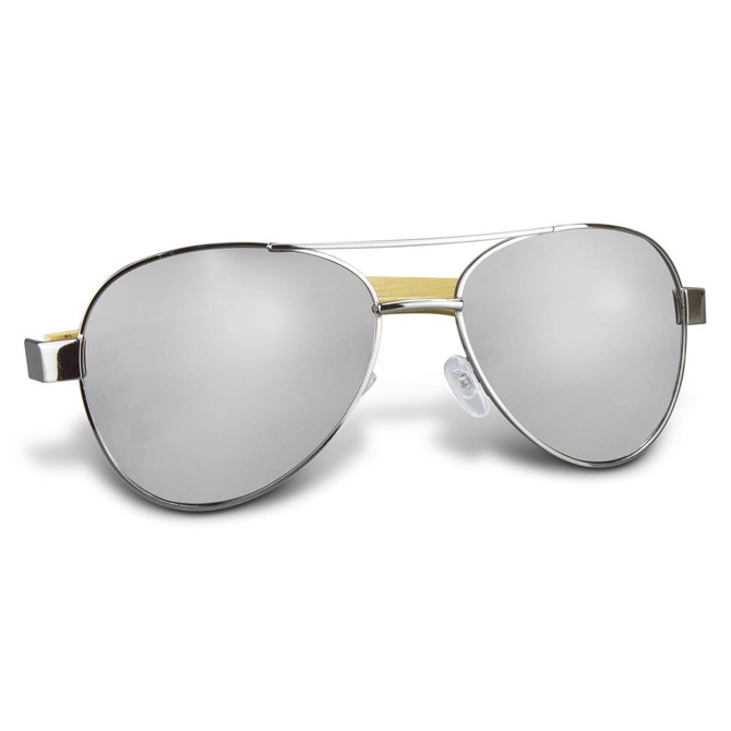 Aviator sunglasses with a silver mirror lens and bamboo arms, featuring a sleek design and a logo.