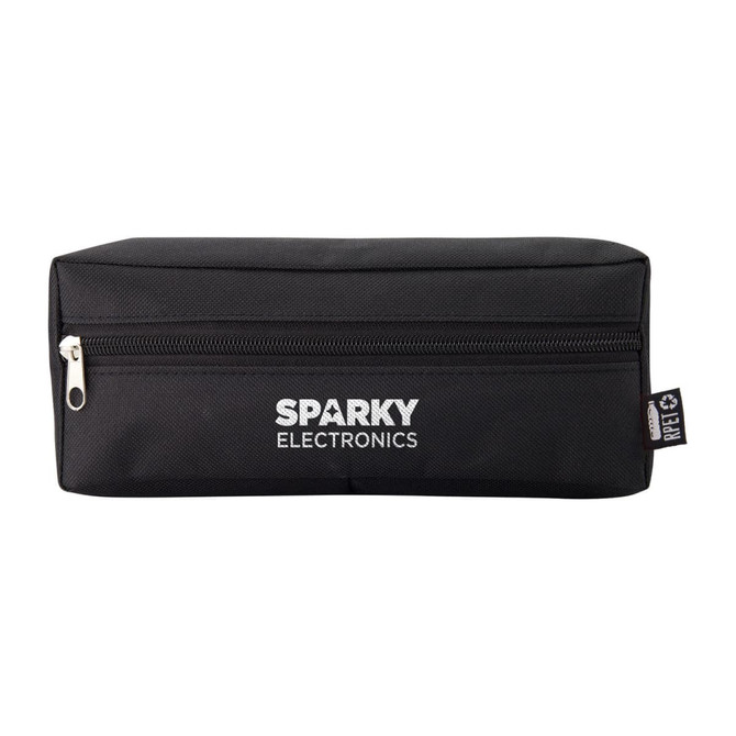 A black pencil case with a zip closure and a logo on the front. Contains a simple rectangular shape.