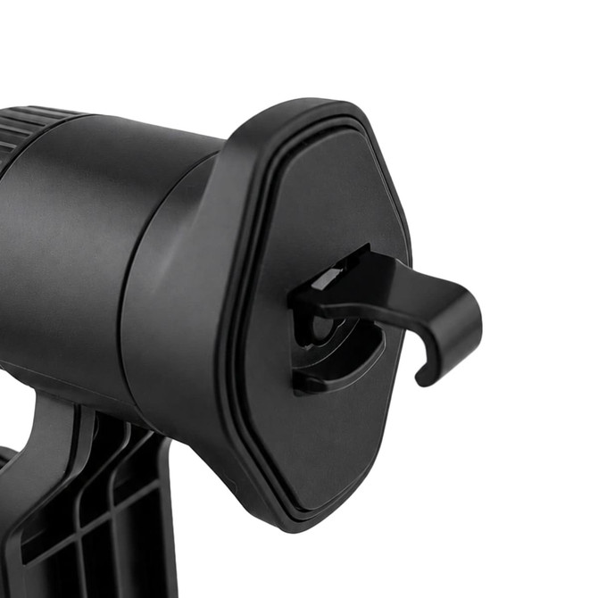 A black car phone holder with a hook mechanism for securing devices, featuring a sleek, modern design.