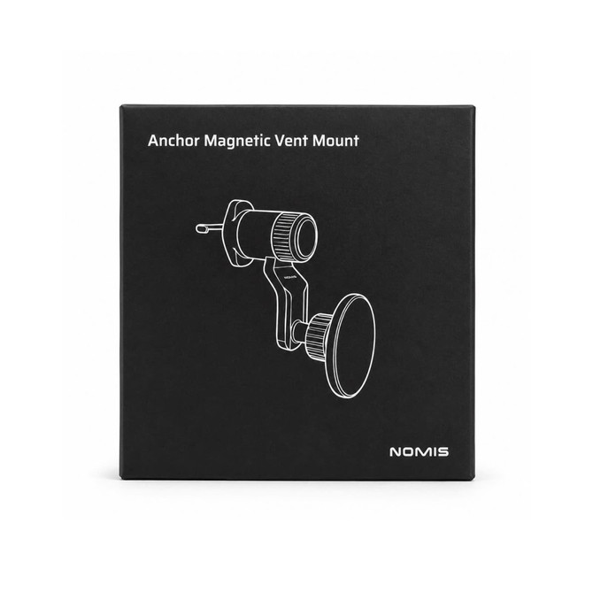 A black box featuring a white line drawing of the Anchor by Nomis Car Phone Holder, with a logo.
