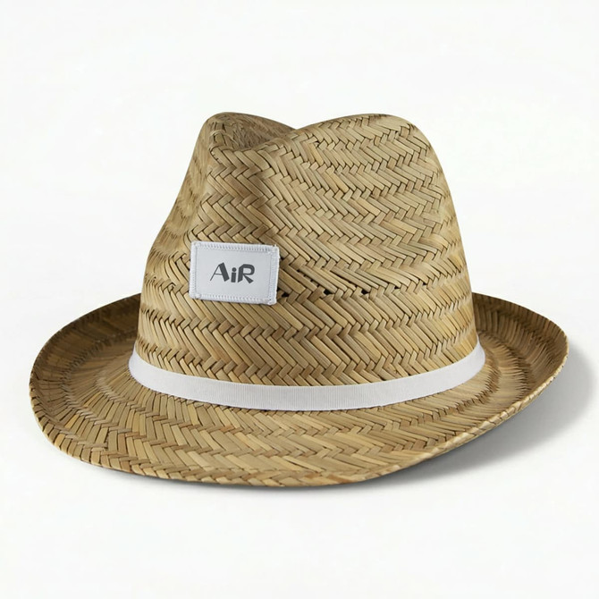A Panama straw hat in natural tan with a white band and a logo on the side.