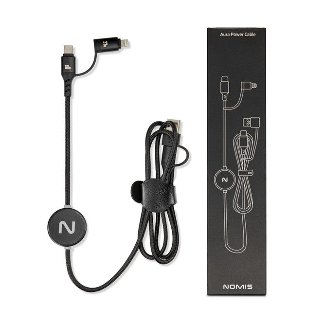 A charging cable featuring a braided design in black with an attached cable holder and a branded round tag.