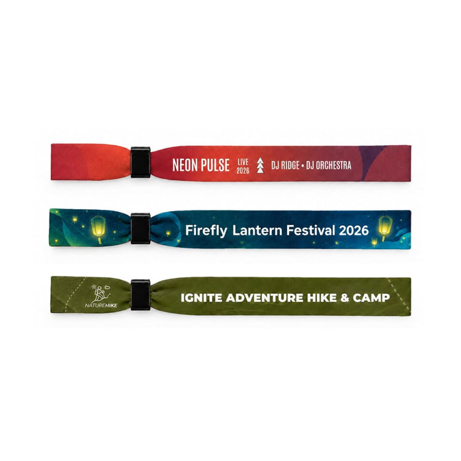 Event wristbands in various colours, featuring designs for different events and a logo on each band.