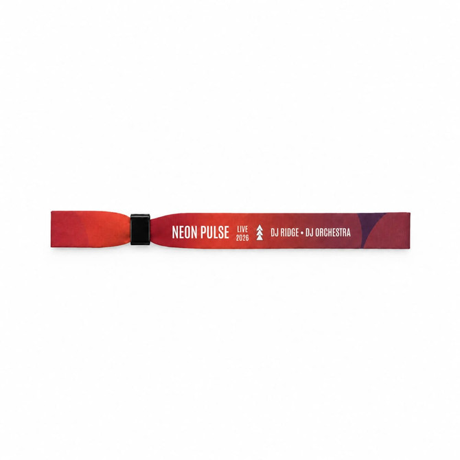 A vibrant red wristband featuring a gradient design with an adjustable clasp and a logo.