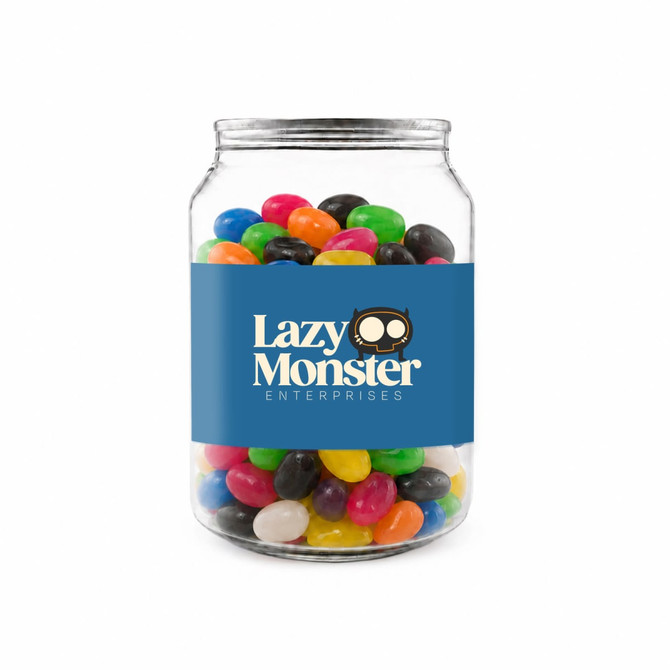A clear jar filled with assorted jelly beans in various colours, featuring a label with a logo.