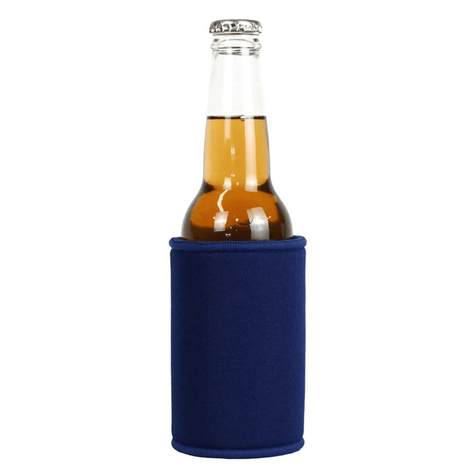 A drink bottle in a navy blue stubby holder, designed to keep beverages cold. The holder features a logo.
