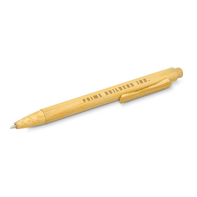 A bamboo pen in natural light brown, featuring a clip and text on the barrel. It has a simple, eco-friendly design.