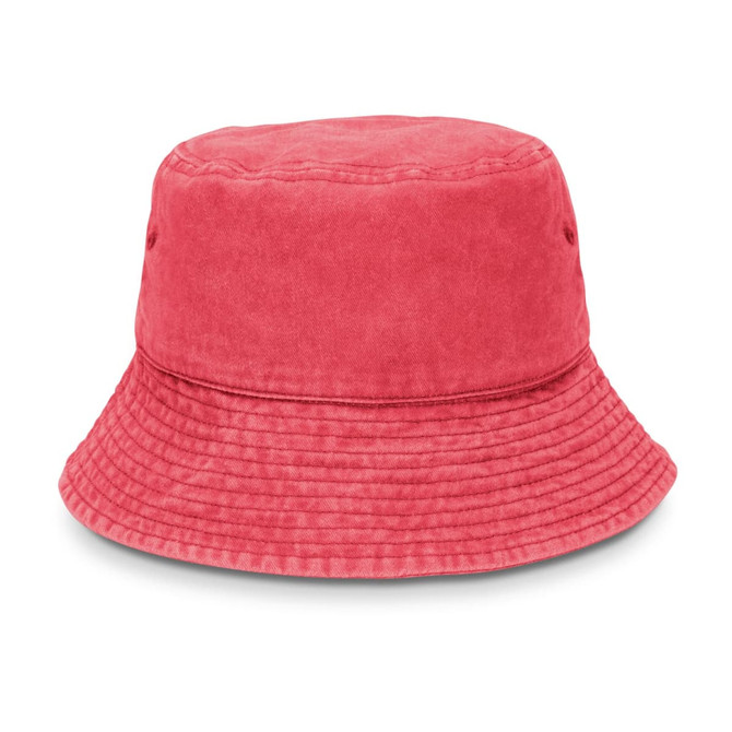 A pink bucket hat with a wide brim and textured fabric, featuring ventilation eyelets and a logo.