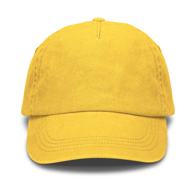 A vintage washed cap in vibrant yellow, featuring a curved brim and a logo on the front.