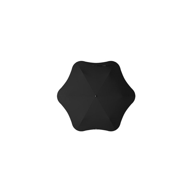 A black umbrella with a unique star-shaped design, featuring a central button and a logo on its surface.