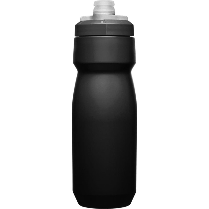 A drink bottle in plain black, featuring a streamlined design and a non-slip grip. It has a logo on the side.