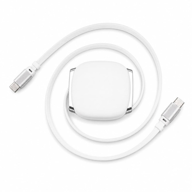 A white 100W cable with a retractable design, featuring a sleek square casing and USB connectors on each end.
