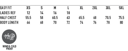 Size chart for the hoodies