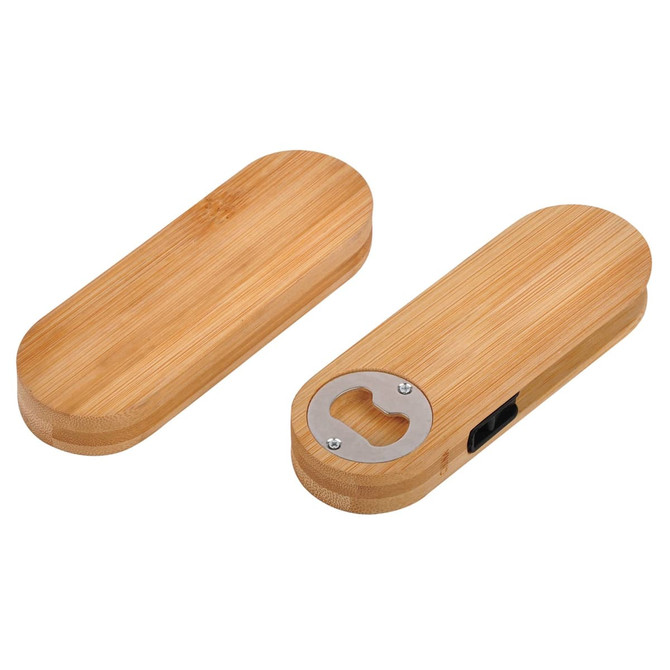 A drink bottle opener made from bamboo, featuring a stainless steel cap remover and a sleek, oval design.